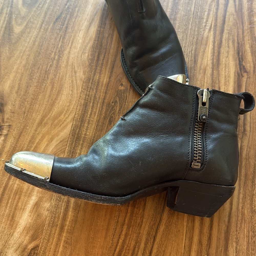 FRYE Black Leather Ankle Boots with Metallic Toe - Women - Picture 3 of 4